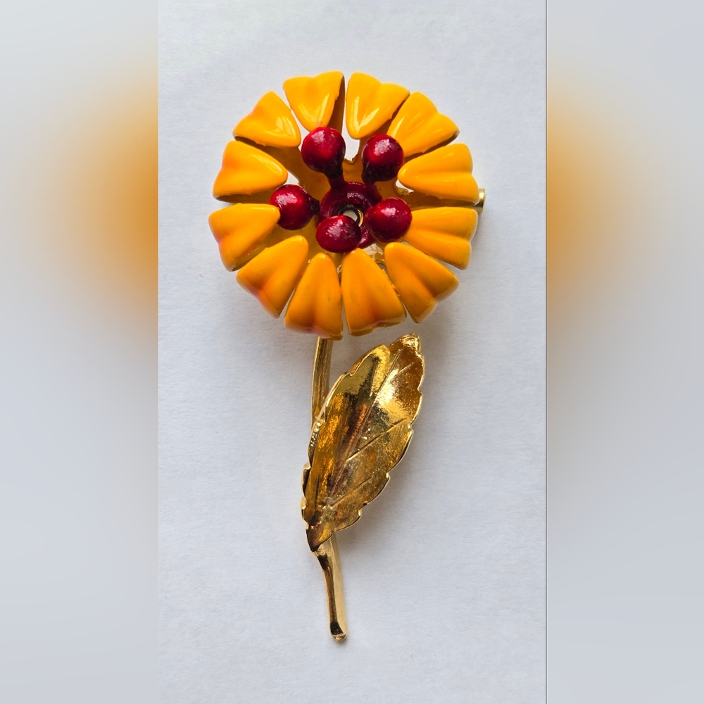 Vintage Mid Century Metal Enamel Flower Brooch Orange Red Curled Petals & Stem